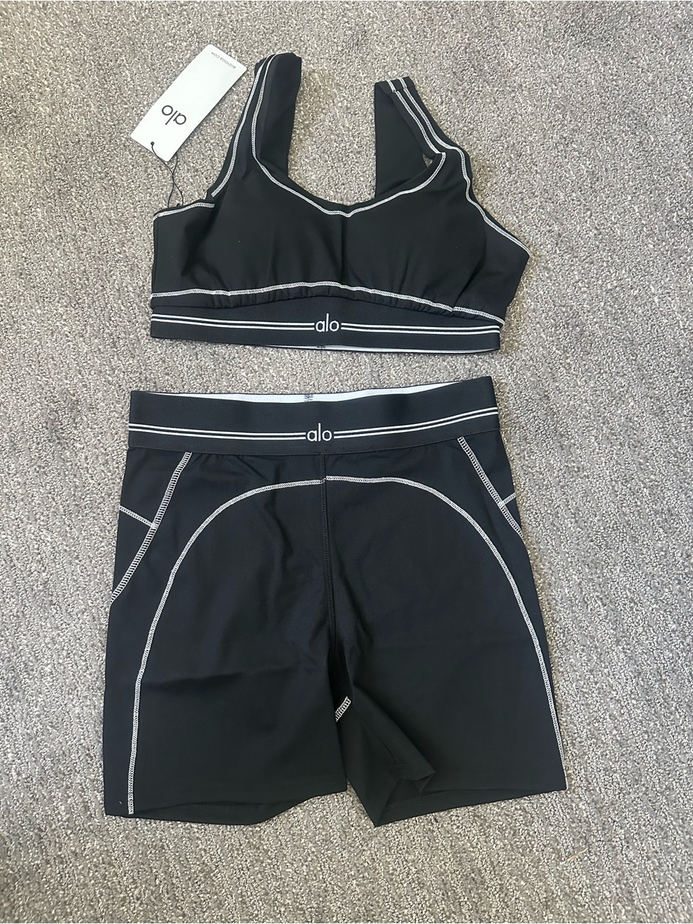 ALO Yoga Black Swim Top & High-Waist Shorts with Contrast Stitching